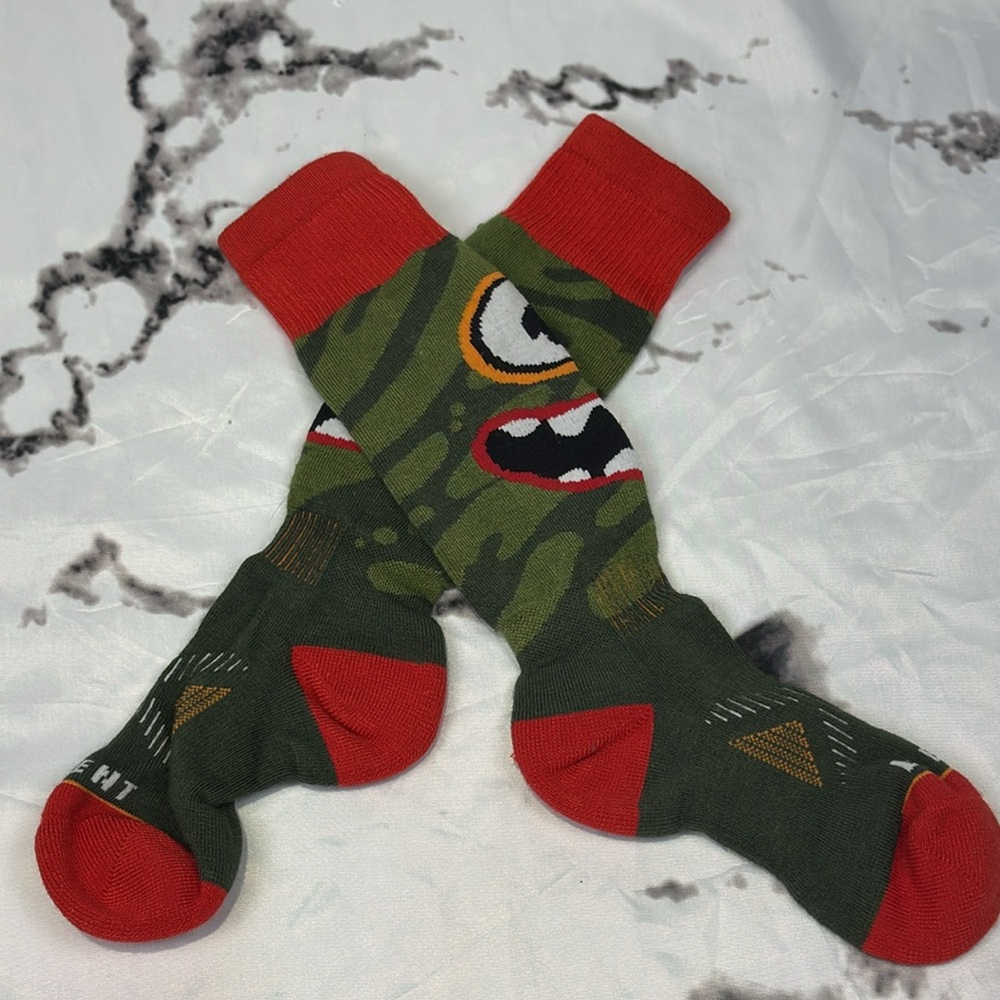 LeBent Monster Party Snow Socks Kid Light Cushion Merino Wool Blend Kombu Green